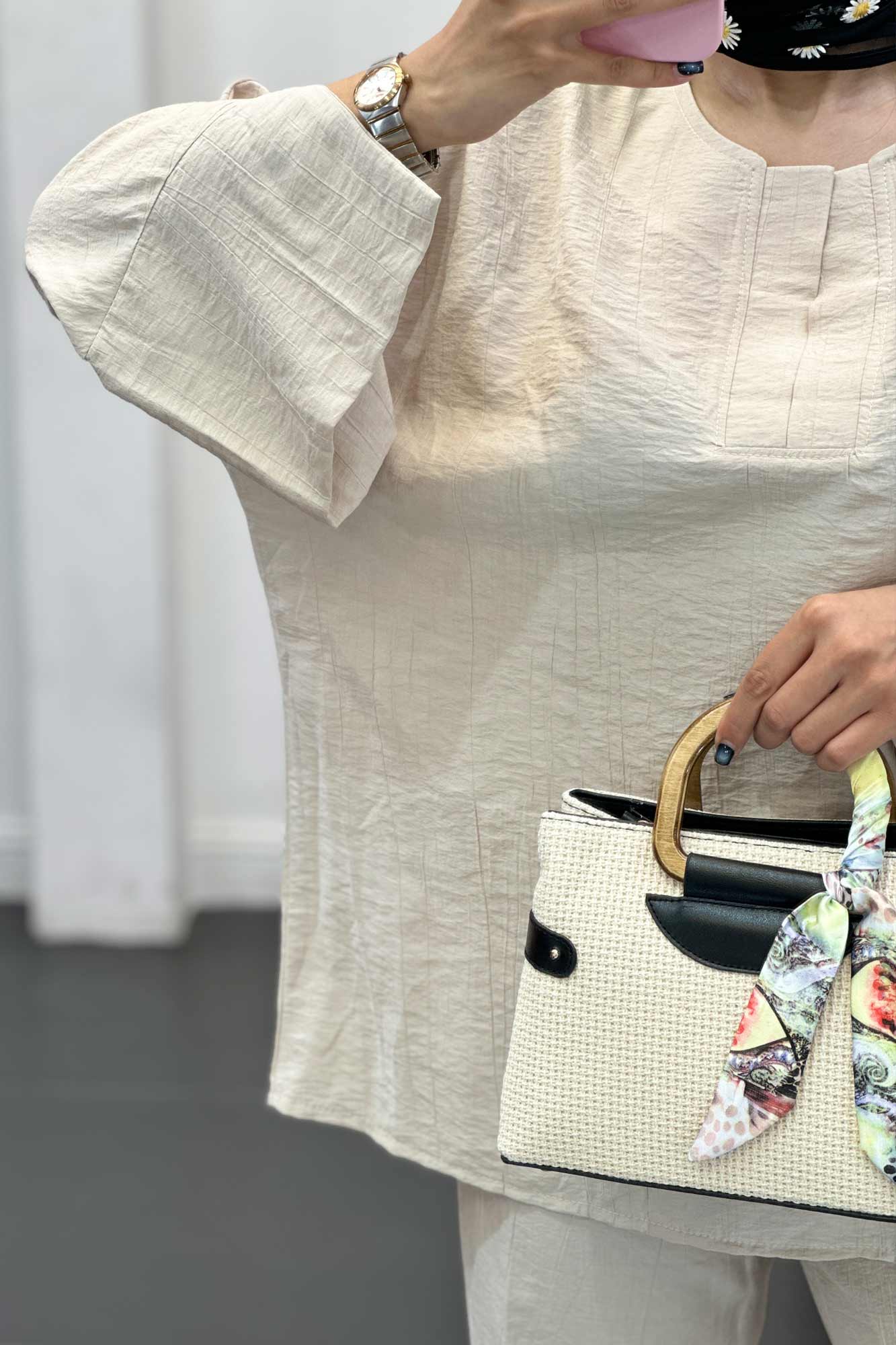 ست مانتو و شلوار یقه هفت کریشه حریر