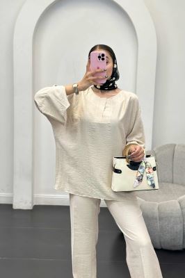 ست مانتو و شلوار یقه هفت کریشه حریر