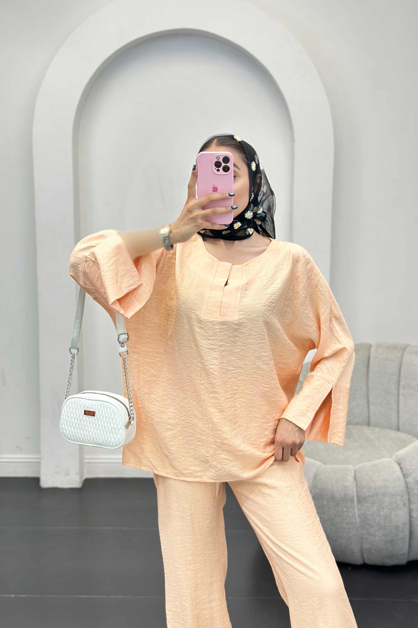 ست مانتو و شلوار یقه هفت کریشه حریر