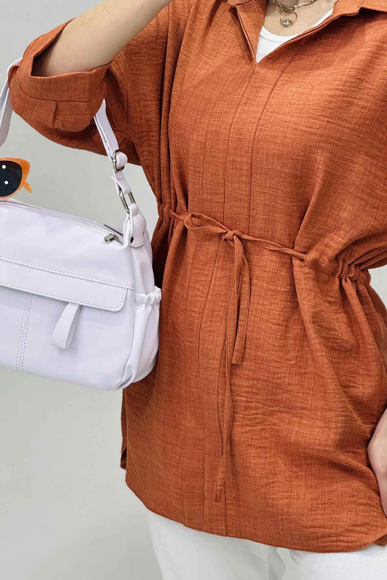 شومیز شانتون کمر گت دار آستین پیله