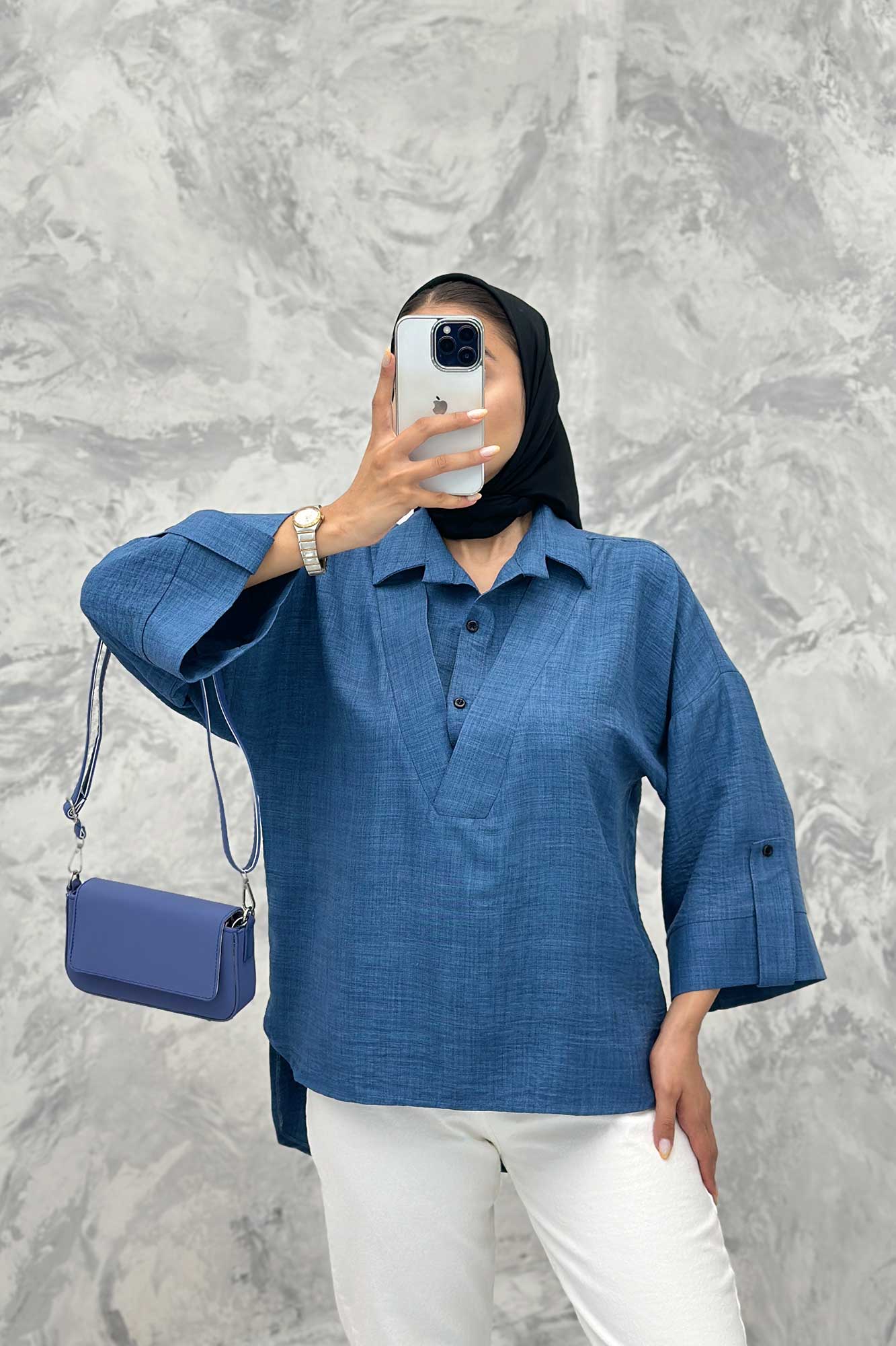 بلوز شانتون دو یقه پشت بلند