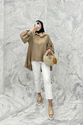 مانتو آستین چین دار شانتون پشت بلند