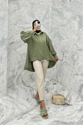 مانتو آستین چین دار شانتون پشت بلند