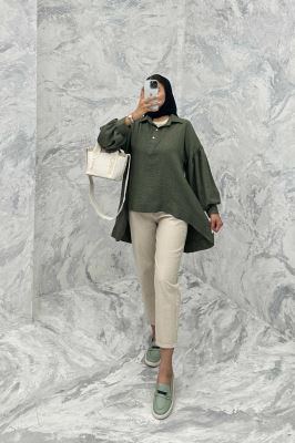 مانتو آستین چین دار شانتون پشت بلند