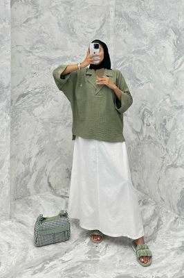 مانتو یقه برگردان شانتون دو جیب خطی