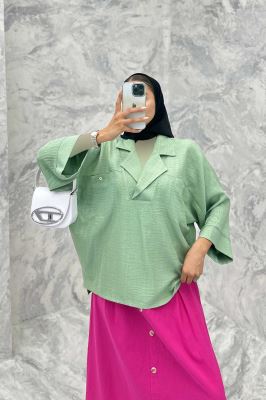 مانتو یقه برگردان شانتون دو جیب خطی