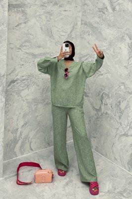 ست مانتو و شلوار یقه هفت شانتون برفکی پادینا