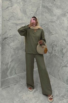 ست مانتو و شلوار یقه هفت شانتون تابان