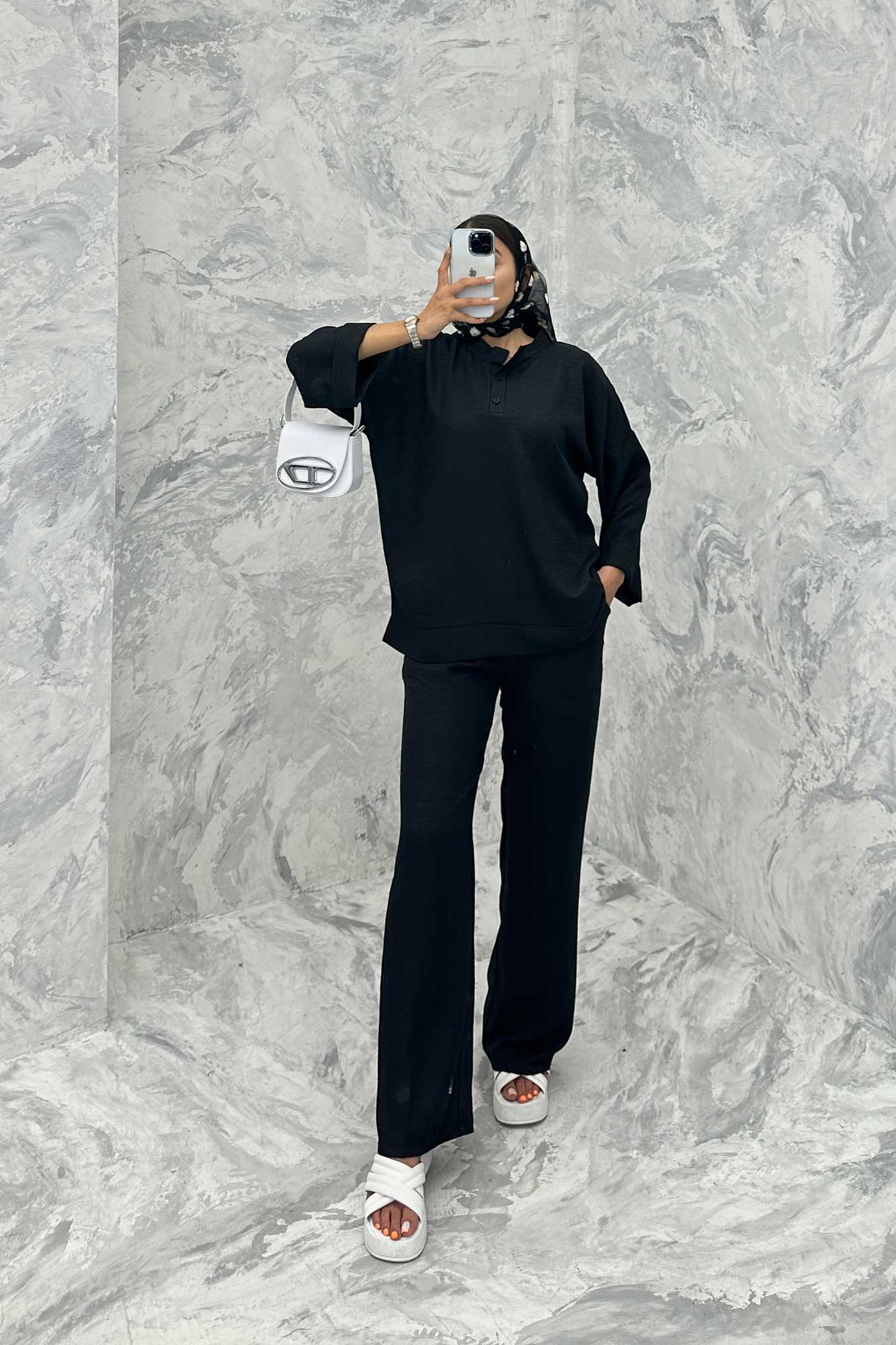 ست مانتو و شلوار یقه سه سانت شانتون دو دکمه