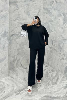 ست مانتو و شلوار یقه سه سانت شانتون دو دکمه