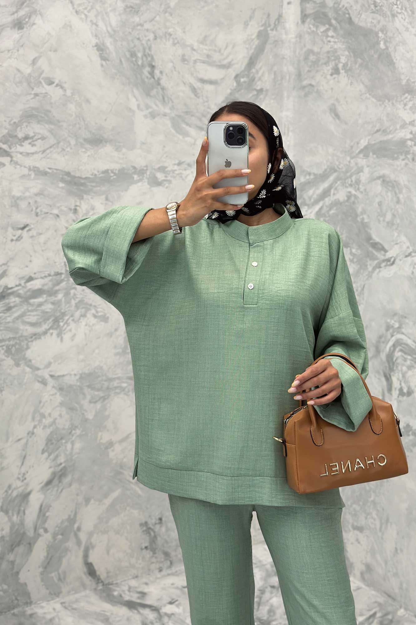 ست مانتو و شلوار یقه سه سانت شانتون دو دکمه