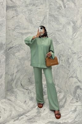 ست مانتو و شلوار یقه سه سانت شانتون دو دکمه