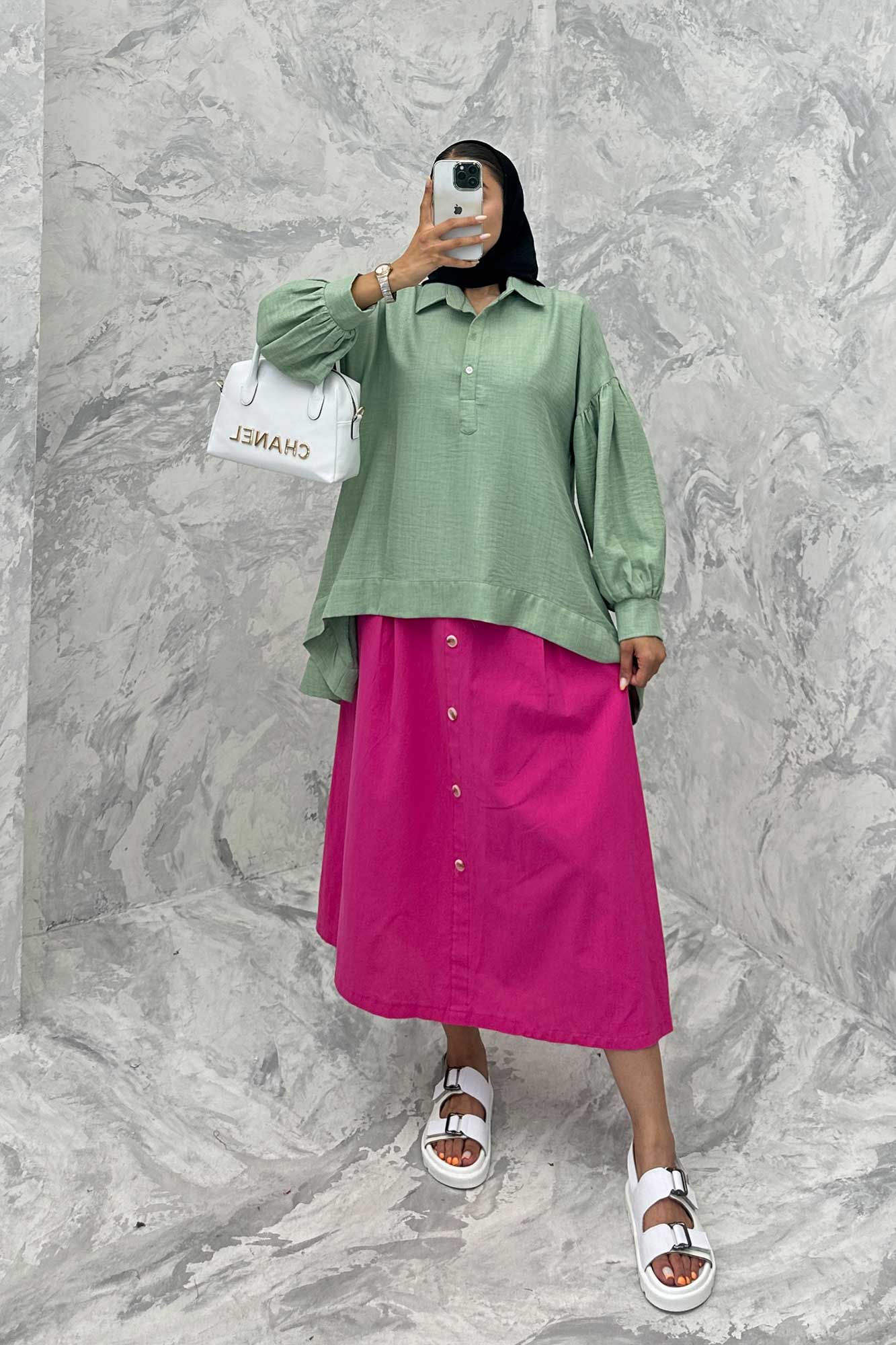 مانتو آستین چین دار شانتون پشت بلند