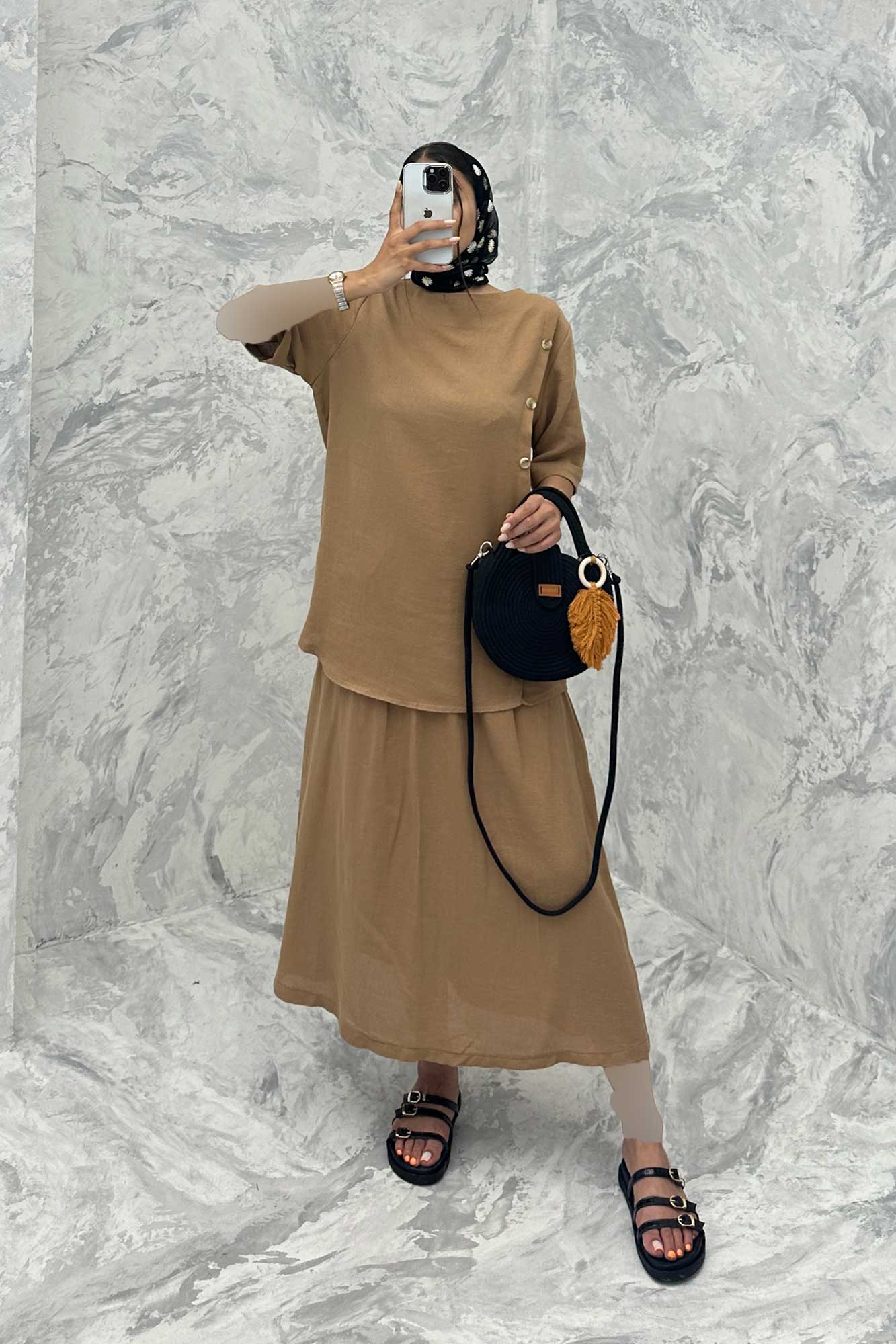 ست بلوز و دامن پنج دکمه عمودی کنفی