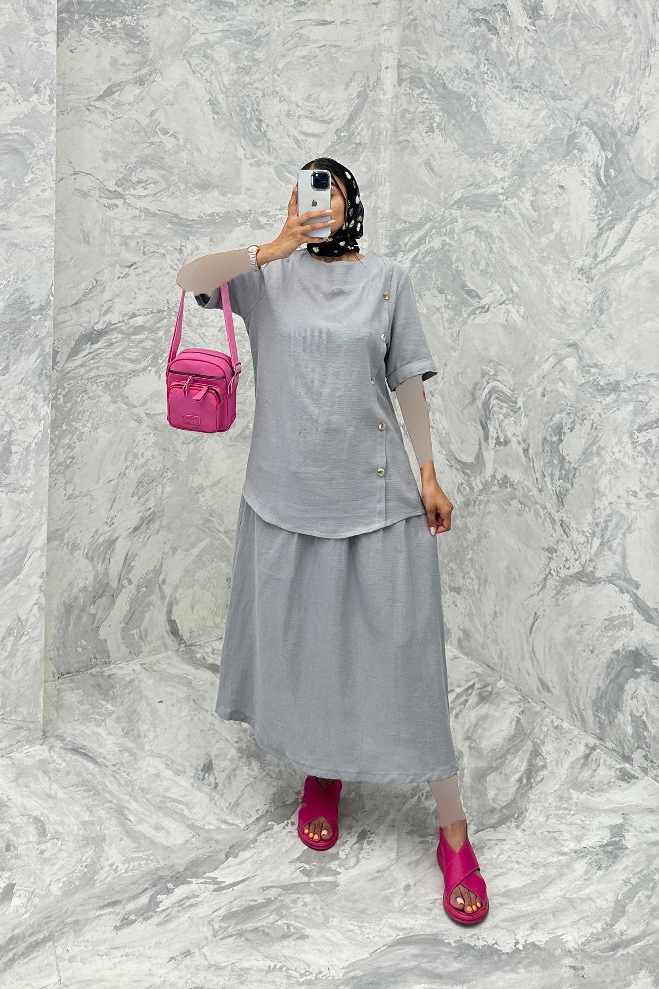 ست بلوز و دامن پنج دکمه عمودی کنفی