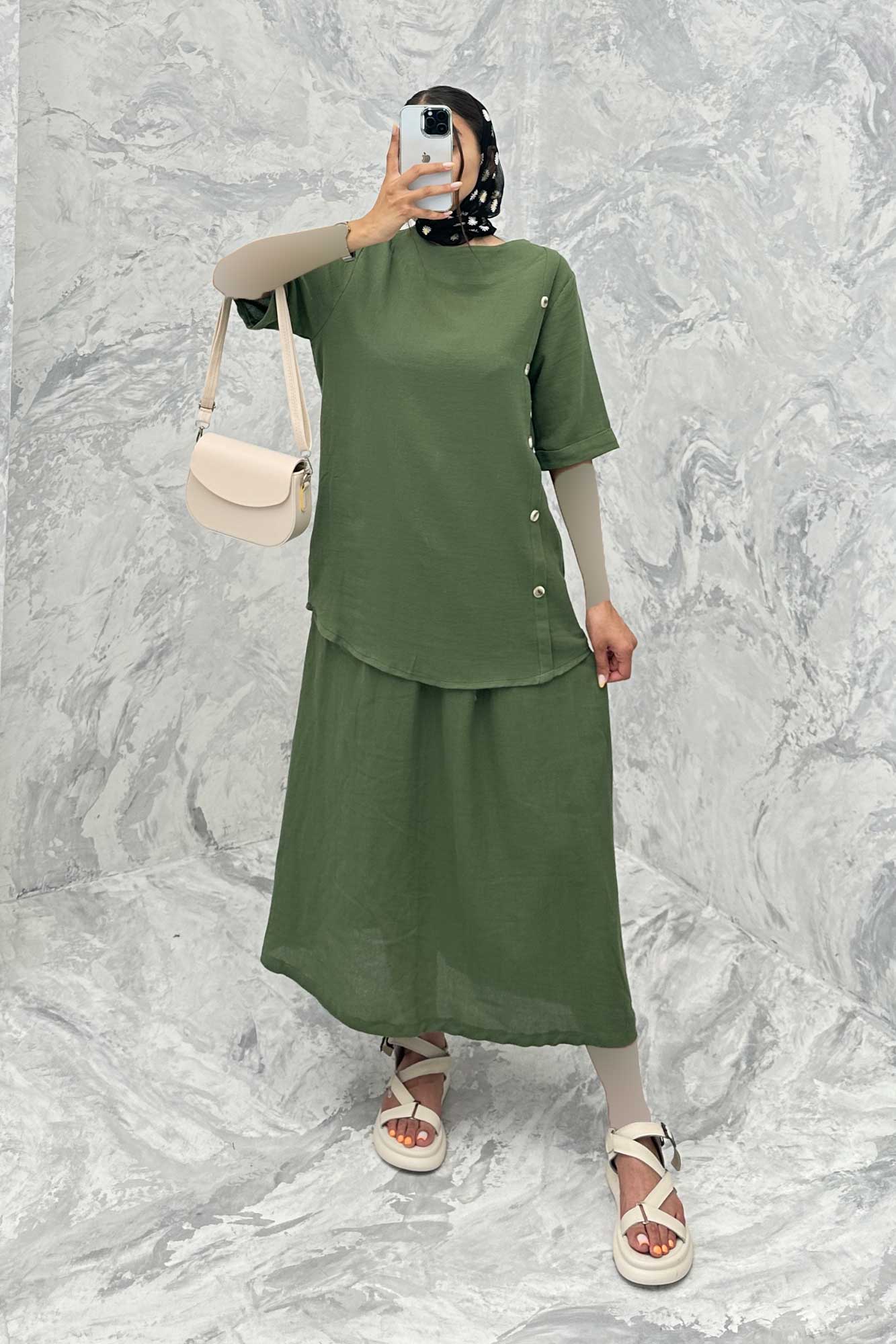 ست بلوز و دامن پنج دکمه عمودی کنفی