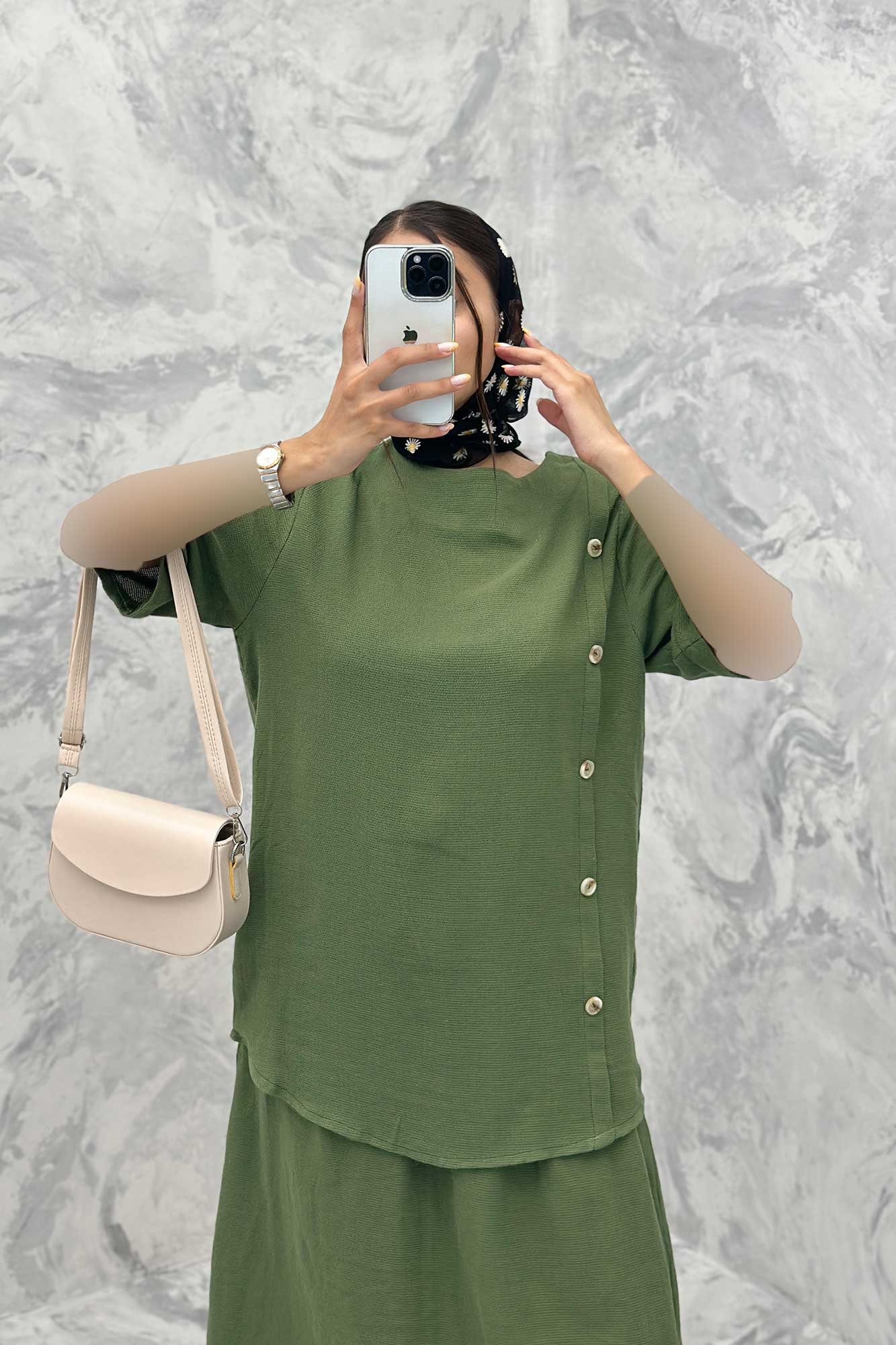 ست بلوز و دامن پنج دکمه عمودی کنفی