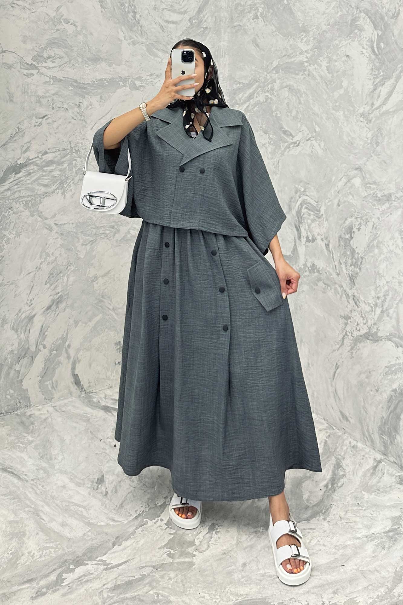 ست کت و دامن خفاشی دکمه زاماک شانتون