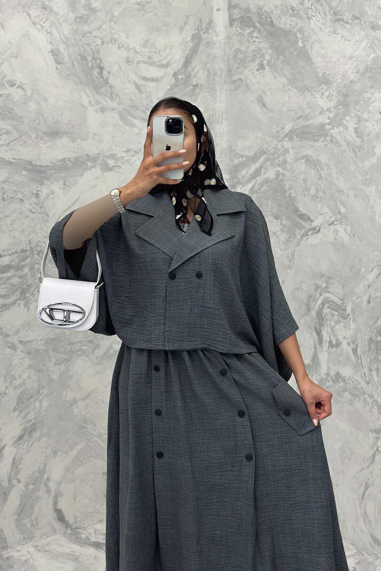 ست کت و دامن خفاشی دکمه زاماک شانتون