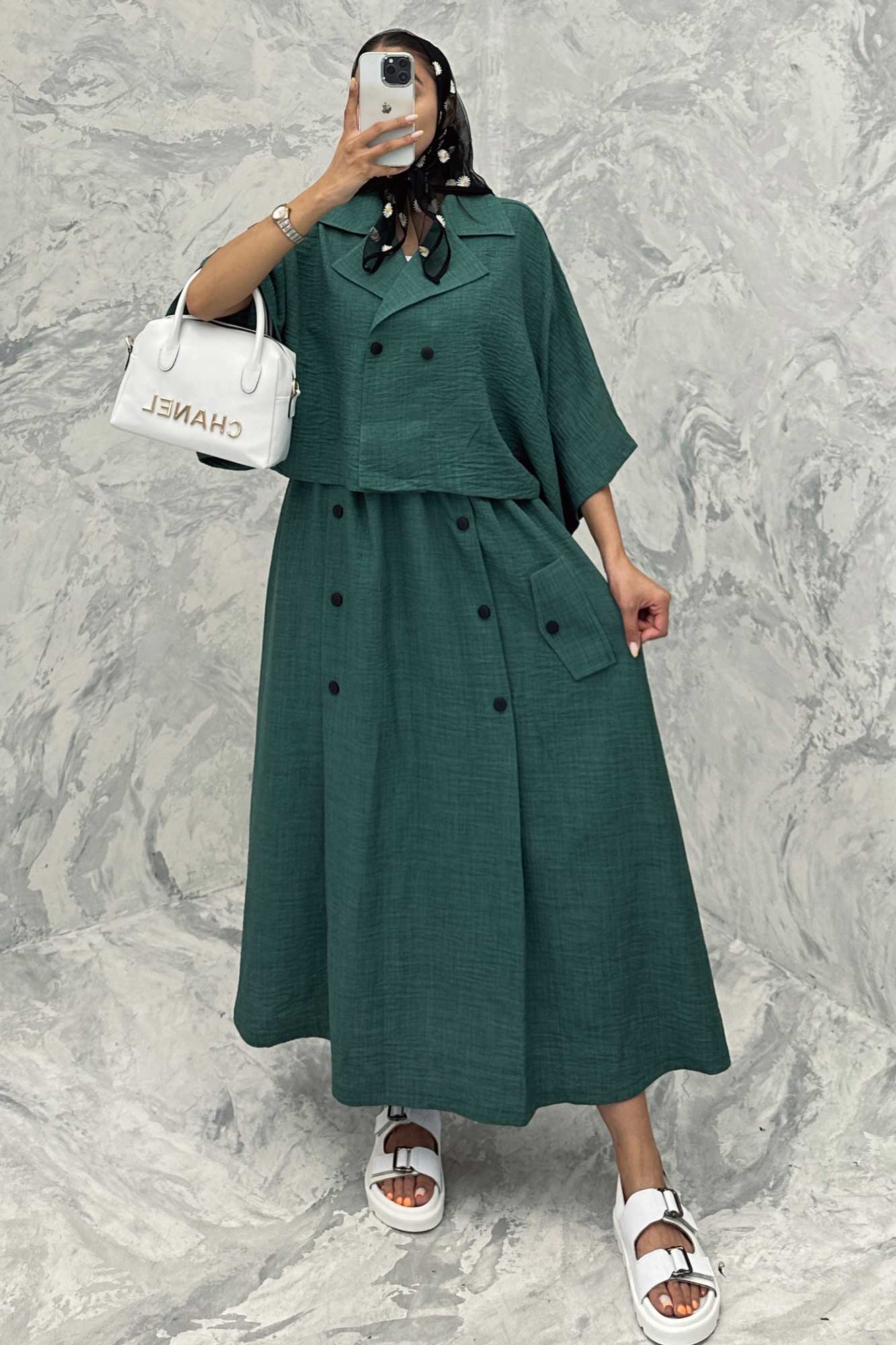 ست کت و دامن خفاشی دکمه زاماک شانتون