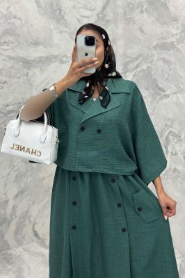 ست کت و دامن خفاشی دکمه زاماک شانتون