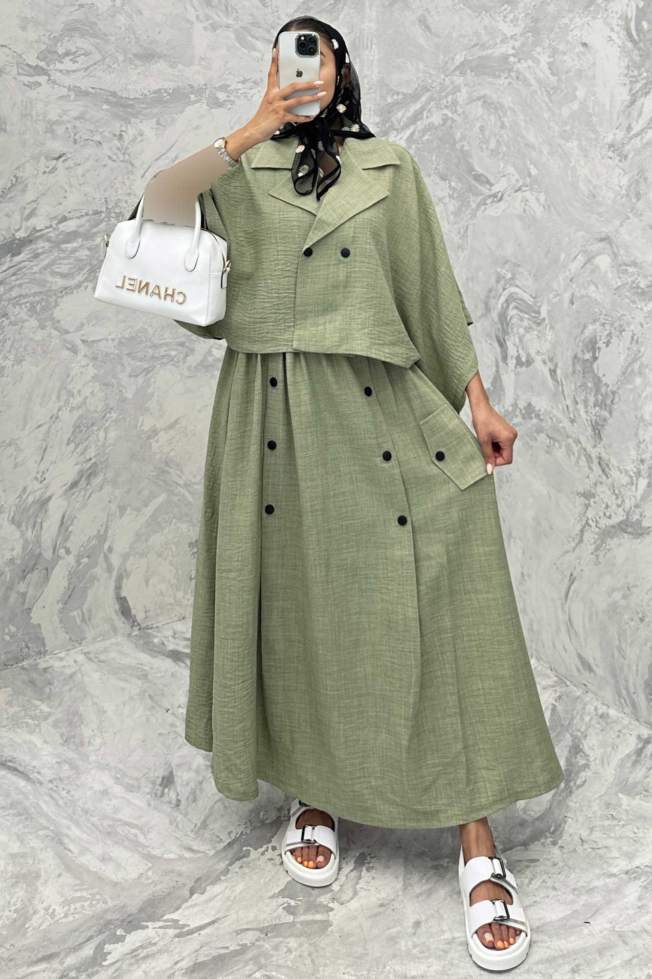 ست کت و دامن خفاشی دکمه زاماک شانتون