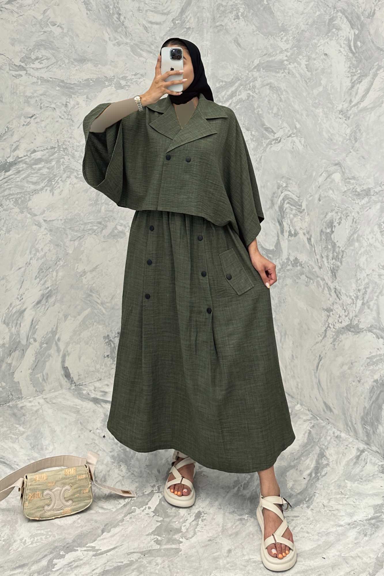 ست کت و دامن خفاشی دکمه زاماک شانتون