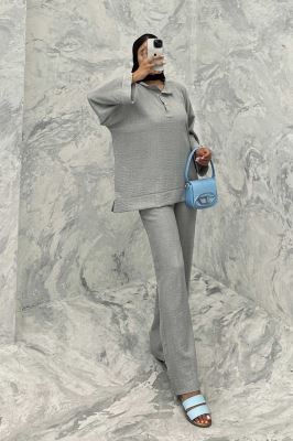 ست مانتو و شلوار یقه سه سانت شانتون دو دکمه