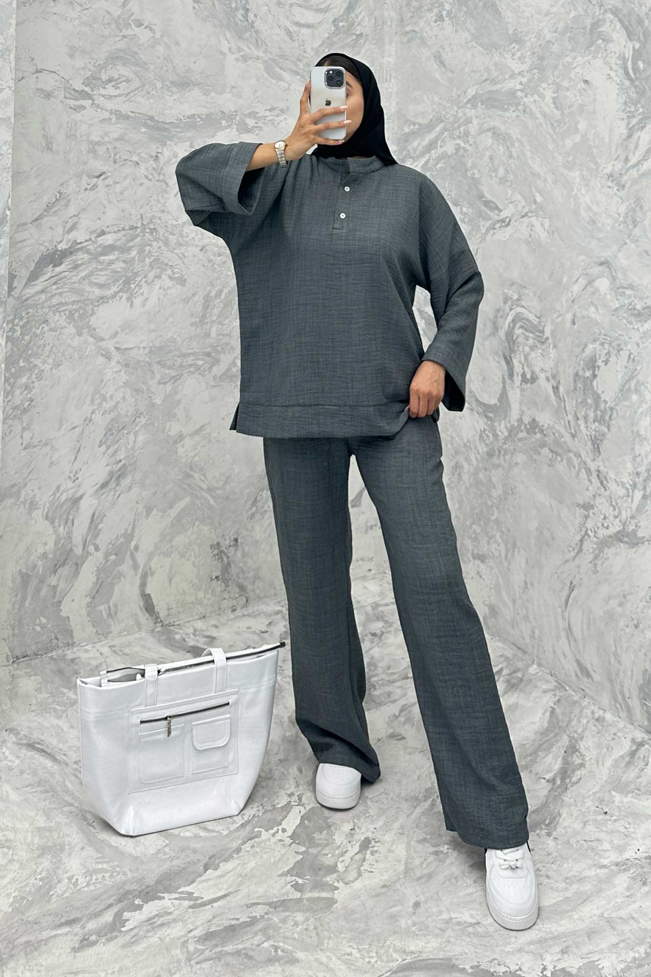 ست مانتو و شلوار یقه سه سانت شانتون دو دکمه