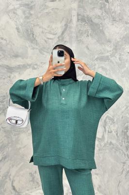 ست مانتو و شلوار یقه سه سانت شانتون دو دکمه