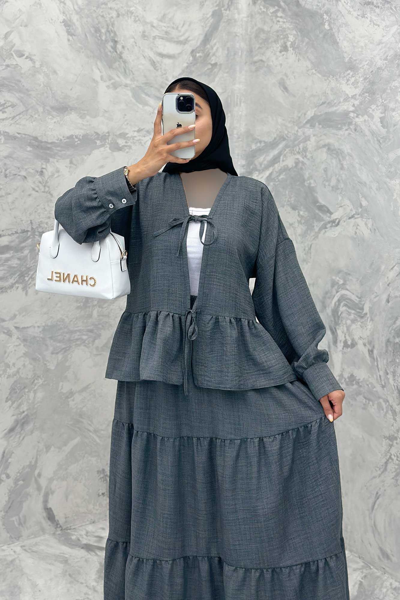 ست مانتو و دامن پله ای چیندار شانتون هلن