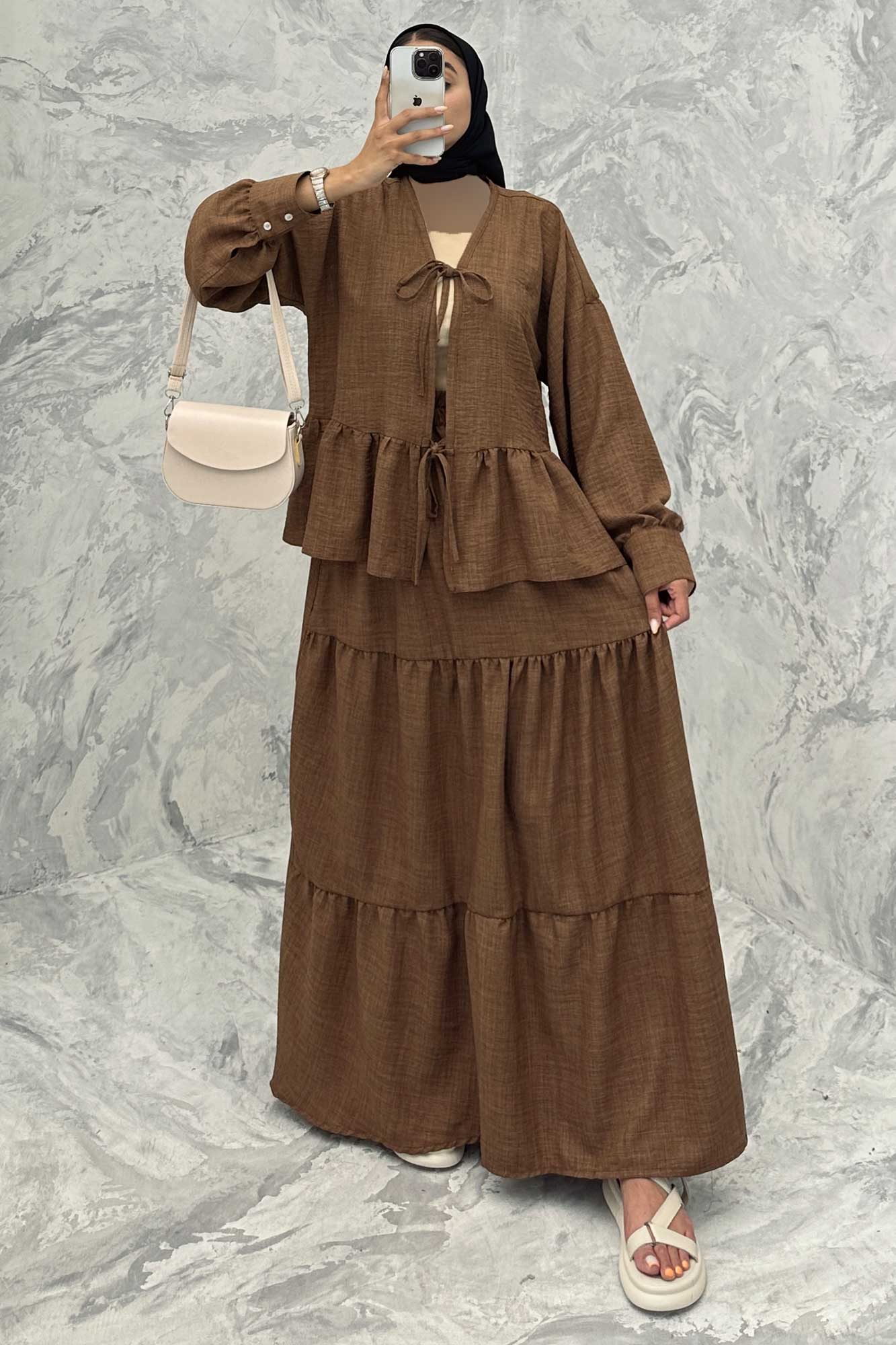 ست مانتو و دامن پله ای چیندار شانتون هلن