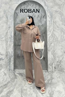 ست شومیز و شلوار لینن دو جیب پاکتی بغل بنددار