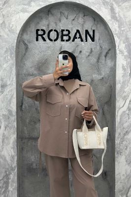 ست شومیز و شلوار لینن دو جیب پاکتی بغل بنددار