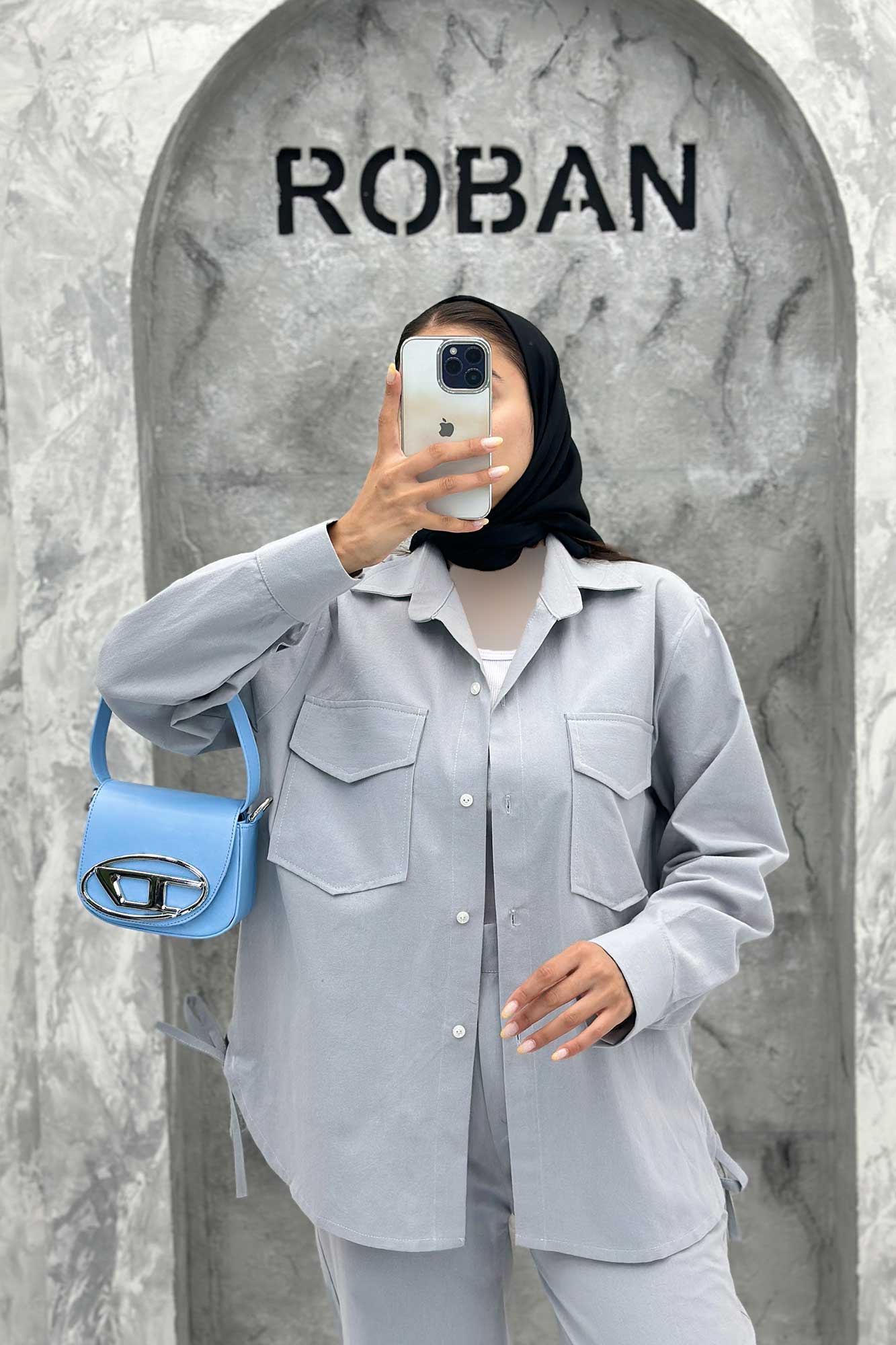 ست شومیز و شلوار لینن دو جیب پاکتی بغل بنددار