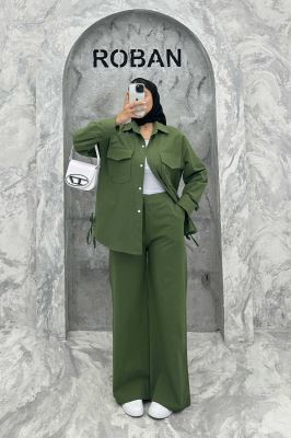 ست شومیز و شلوار لینن دو جیب پاکتی بغل بنددار