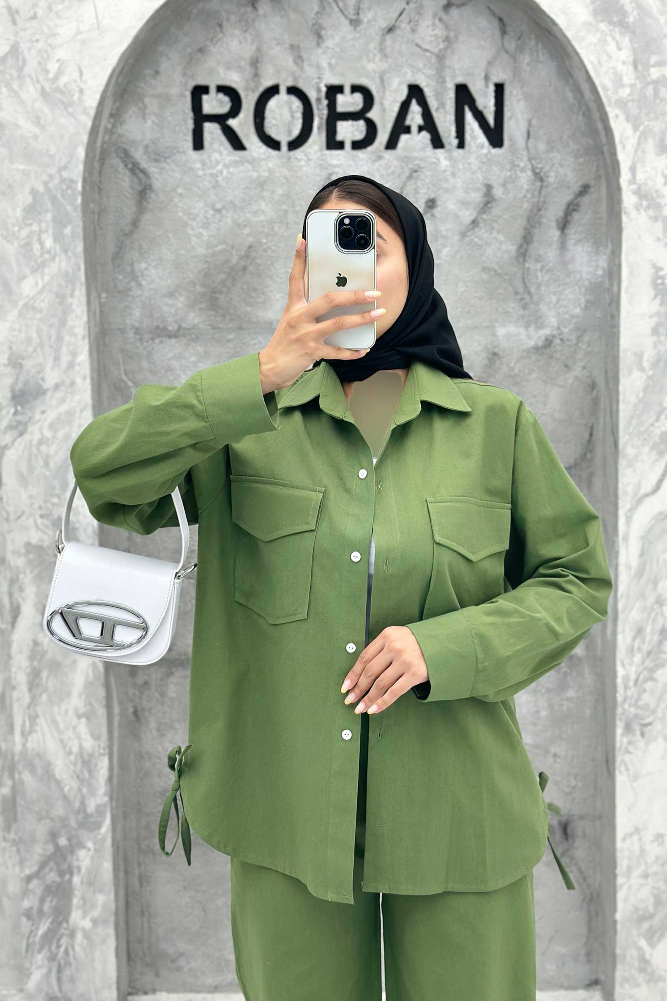 ست شومیز و شلوار لینن دو جیب پاکتی بغل بنددار