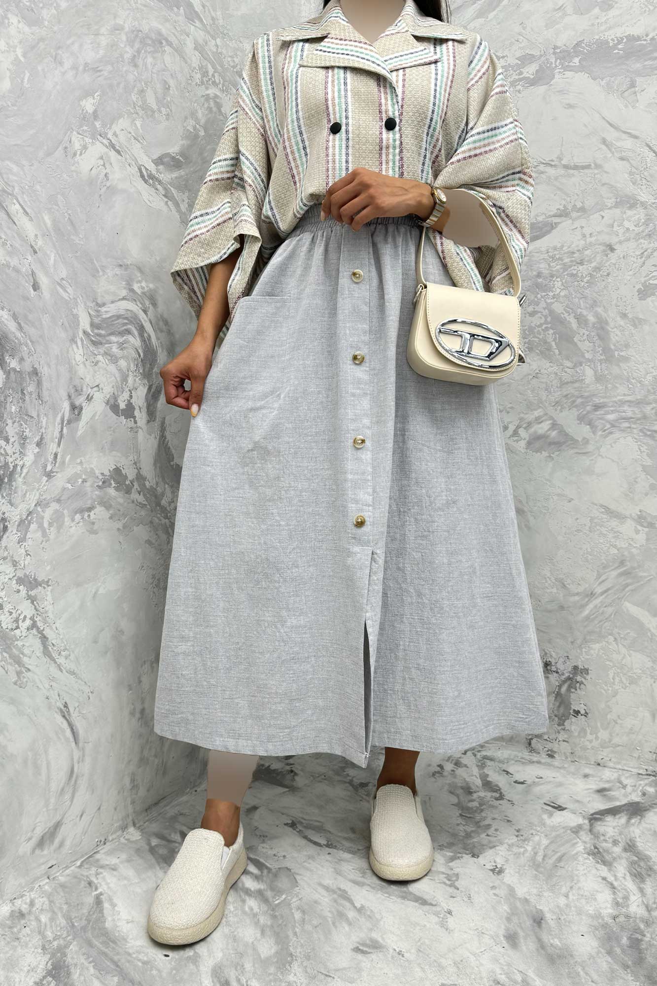 دامن لینن بلند جلو چاکدار دورکش