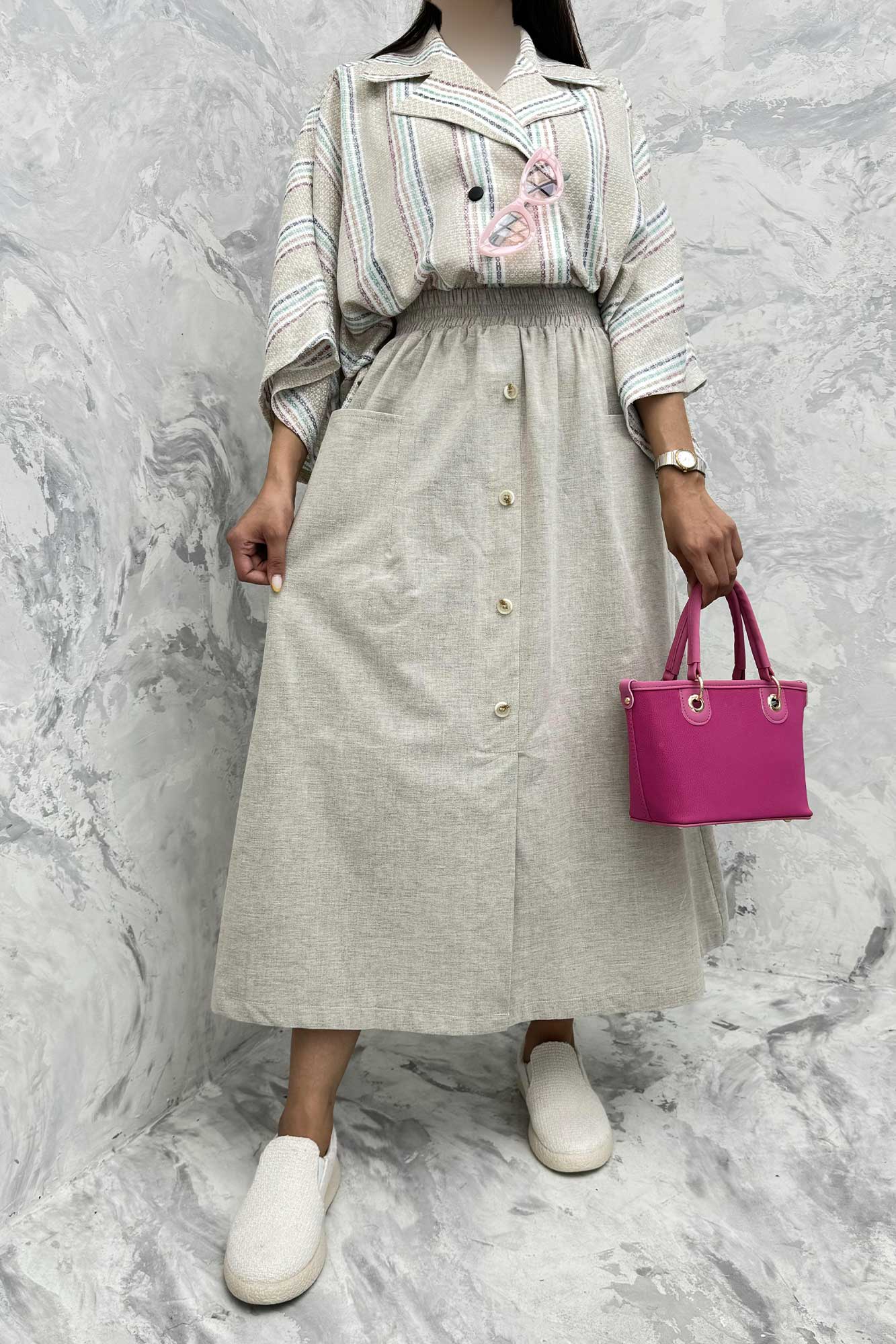 دامن لینن بلند جلو چاکدار دورکش