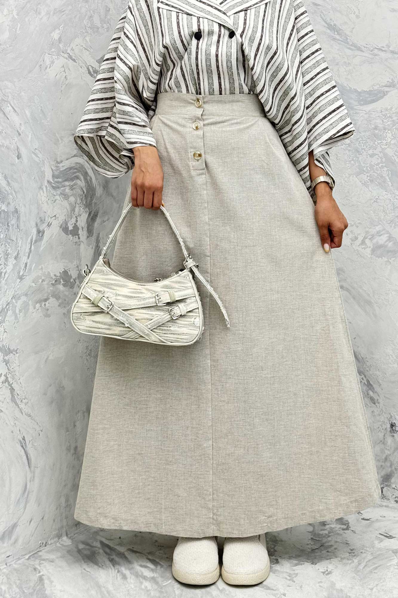 دامن لینن بلند جلو پیله سه دکمه