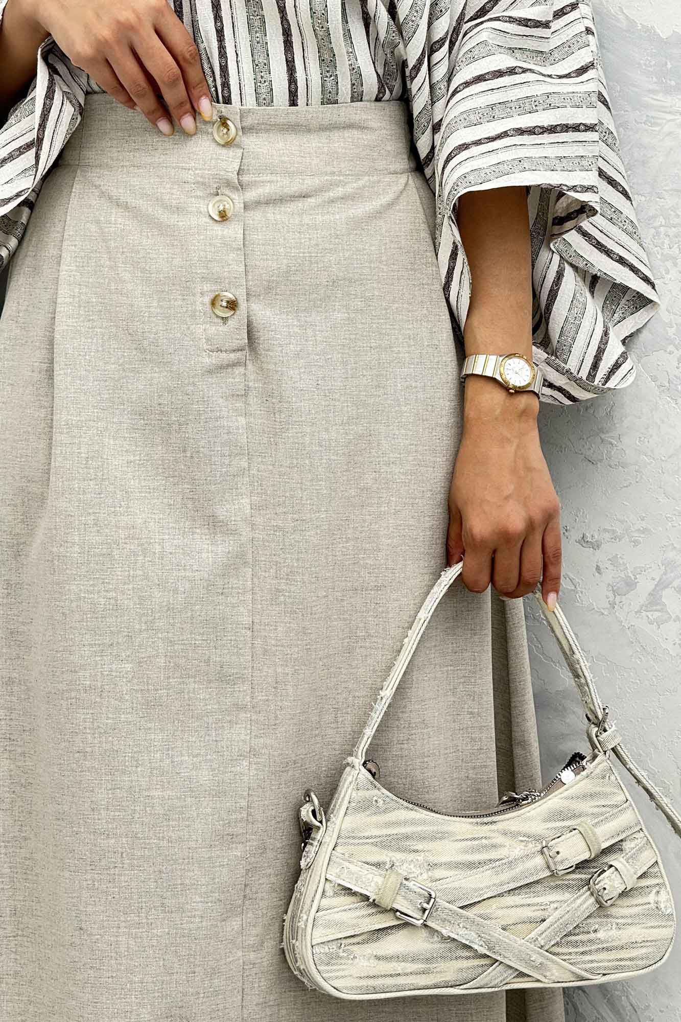 دامن لینن بلند جلو پیله سه دکمه