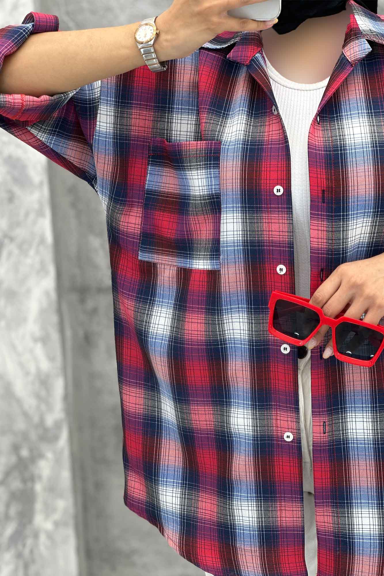 مانتو تک جیب آستین پاگن چهارخانه