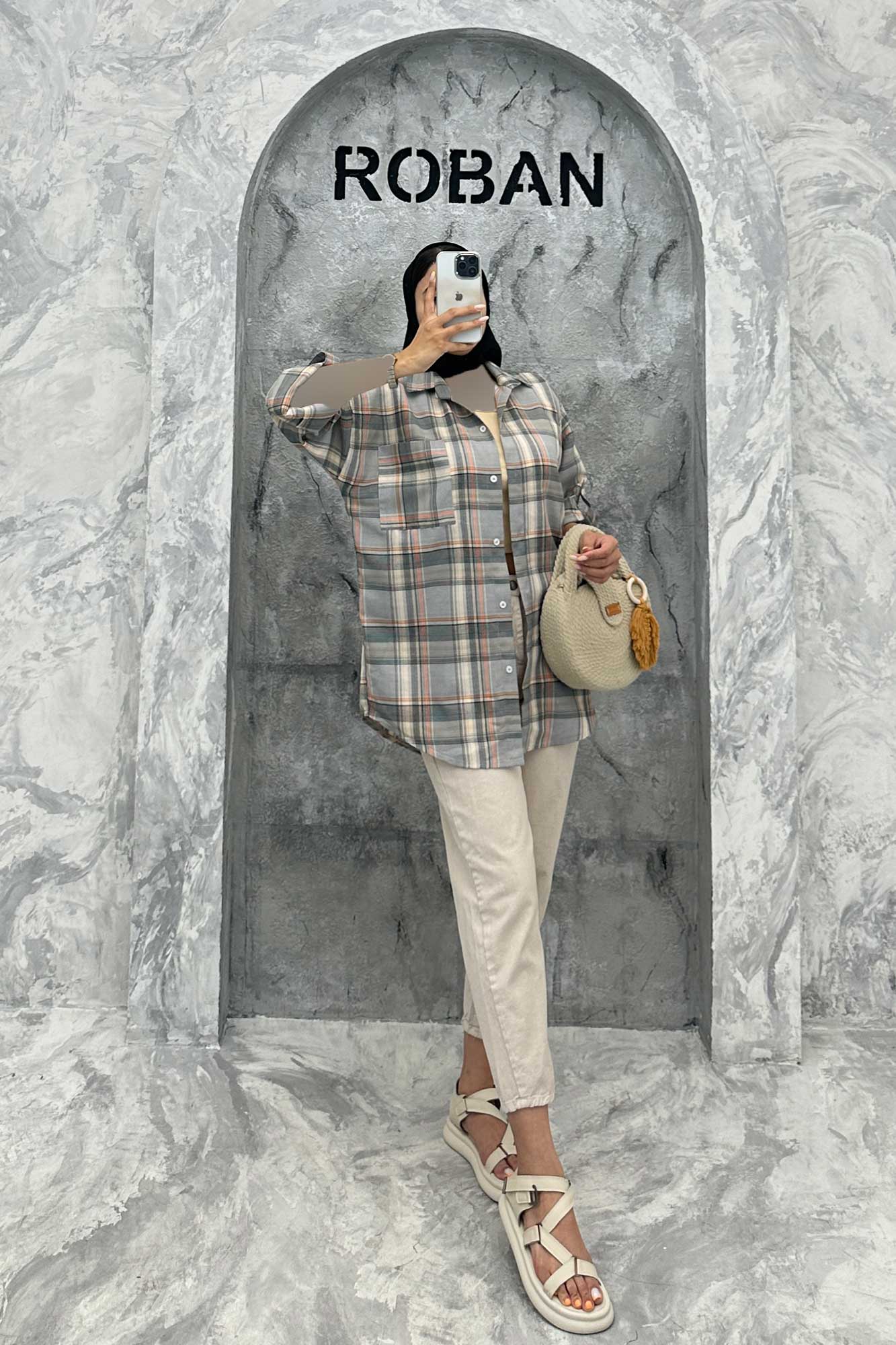 مانتو تک جیب آستین پاگن چهارخانه