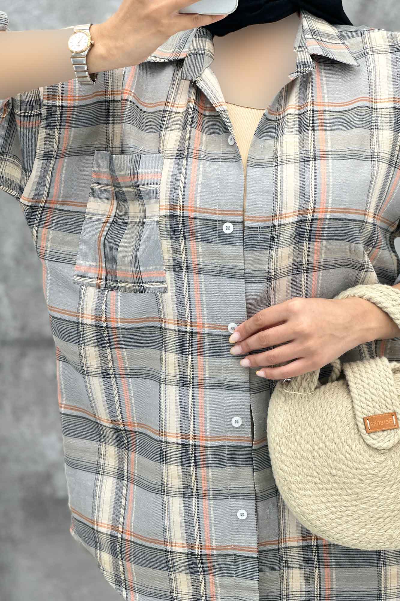 مانتو تک جیب آستین پاگن چهارخانه