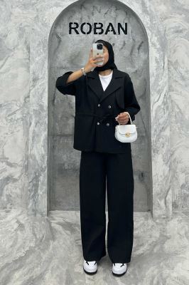 ست کت و شلوار پیلیسه کمرگت دکمه پرسی