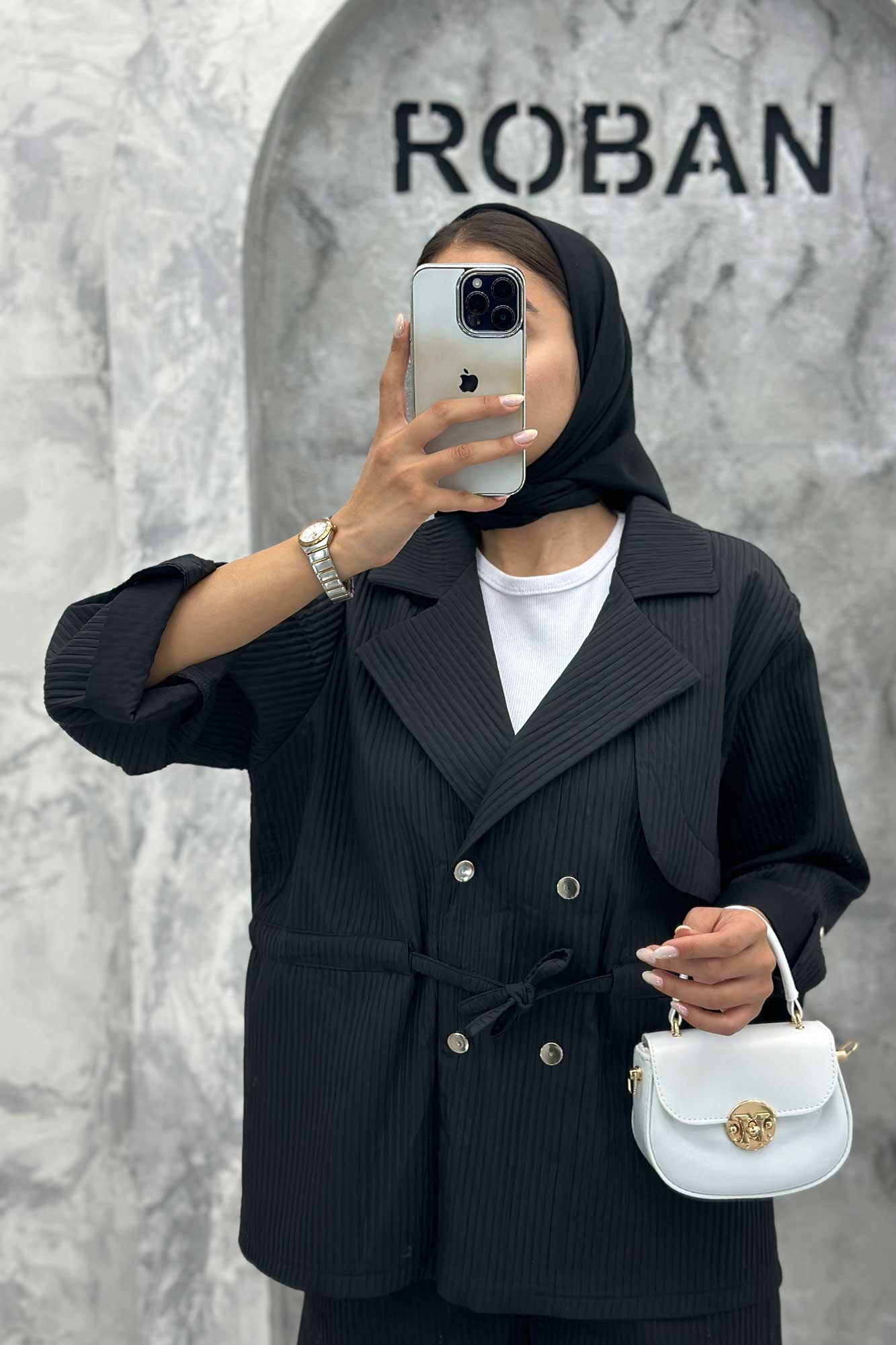 ست کت و شلوار پیلیسه کمرگت دکمه پرسی