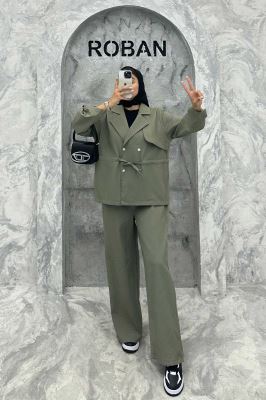 ست کت و شلوار پیلیسه کمرگت دکمه پرسی