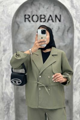 ست کت و شلوار پیلیسه کمرگت دکمه پرسی