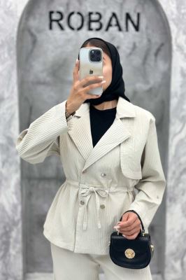 ست کت و شلوار پیلیسه کمرگت دکمه پرسی