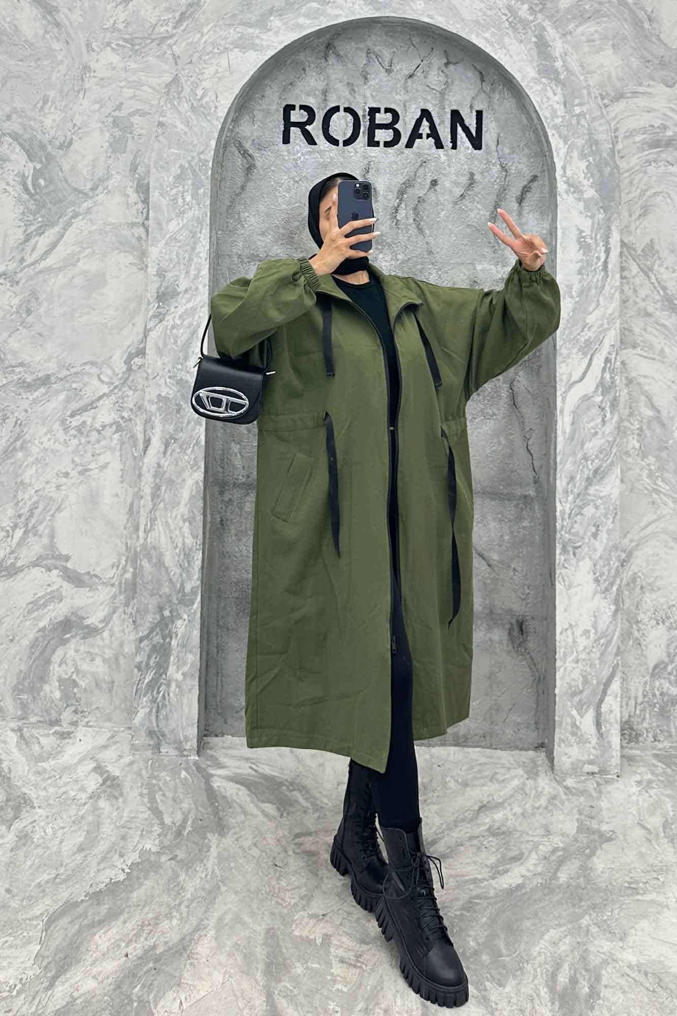 مانتو پاییزه کتان بلند یقه گت جلو زیپ